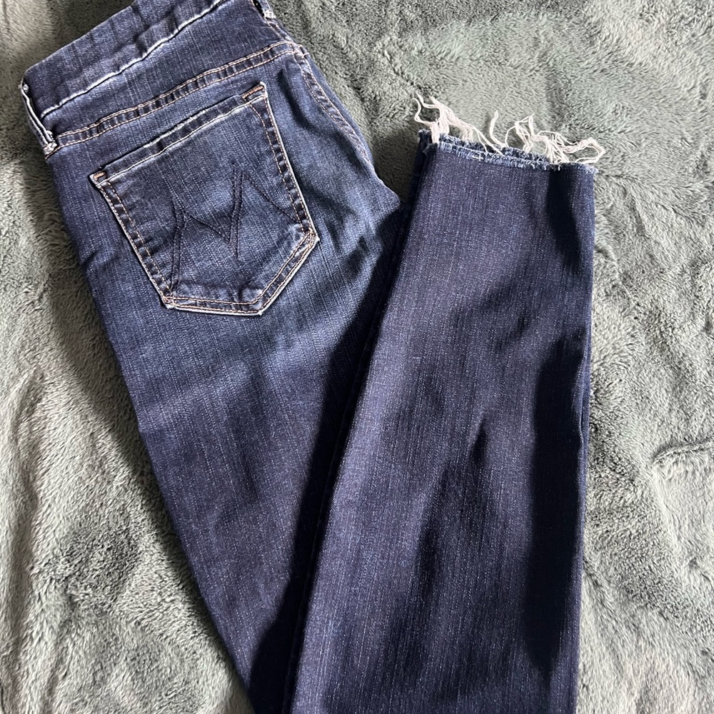 Mother Looker Ankle Fray Dark Blue Raw Hem Jeans